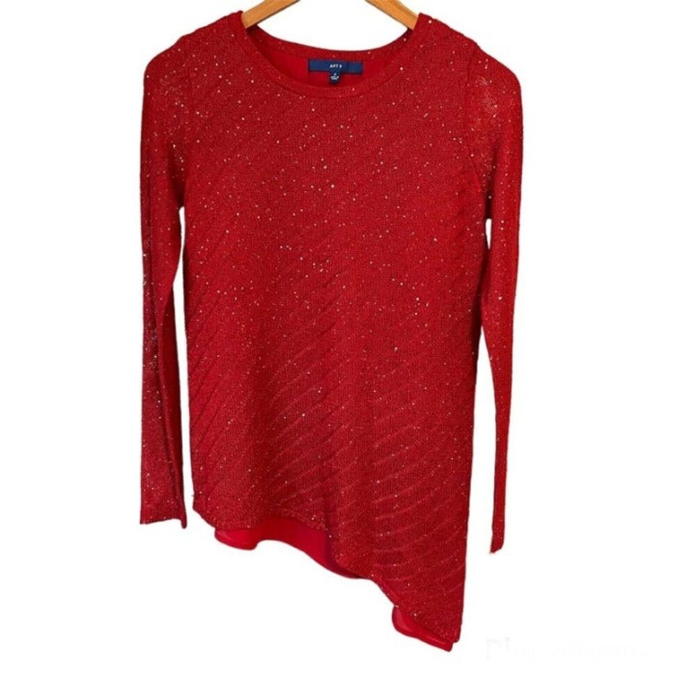 Apt 9 Red Sparkle Sweater Women’s Small Metallic Knit Layered Asymmetrical Hem